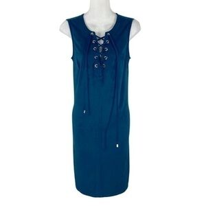 NWT Sandra Darren deep teal faux suede lace up shift dress P17